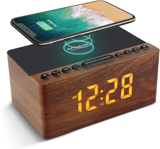 ANJANK Wooden Digital Alarm Clock FM Radio, Fast Wireless Charger Station for iPhone/Samsung Gala... | Amazon (US)