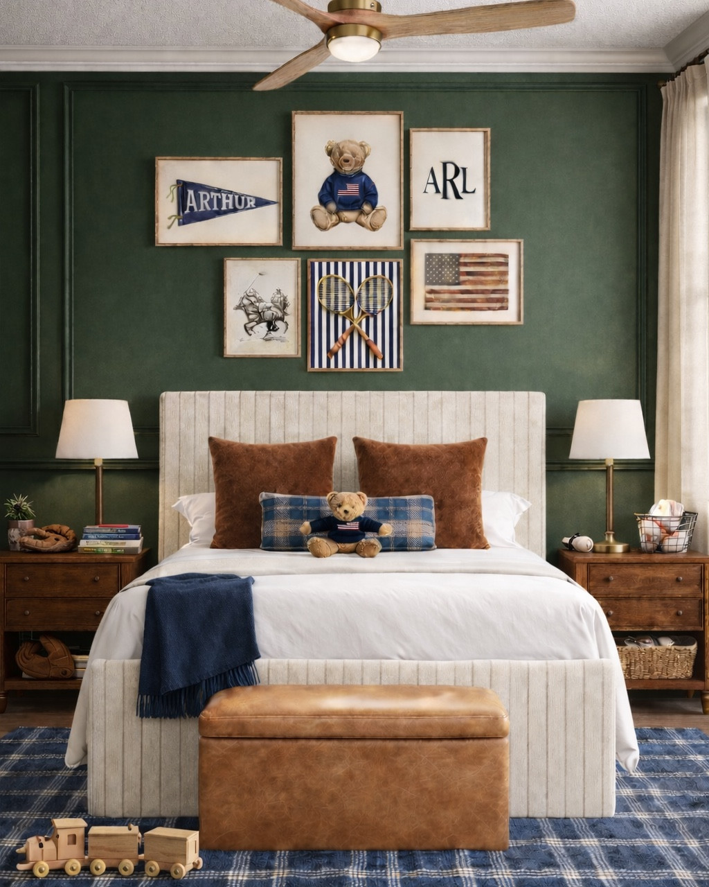 A little boy’s bedroom that feels timeless, cozy, and classic 🤍 I layered rich green walls with warm wood furniture, brass accents, plaid textures, and vintage-inspired decor to create a space that can grow with him for years.

Details like the striped upholstered bed, leather bench, plaid rug, navy throw, and gallery wall with personalized art bring that classic Americana feel while still feeling polished and elevated. I love mixing traditional elements with warm neutrals and tailored textiles to create a bedroom that feels both playful and sophisticated.

Shop the details if you’re designing a boys bedroom, classic kids room, preppy bedroom, or traditional boys room.

Keywords: boys bedroom decor, classic boys bedroom, preppy boys room, traditional kids bedroom, plaid rug, green bedroom walls, upholstered bed, striped headboard, leather bench, wood nightstands, brass lamps, gallery wall ideas, personalized name art, Americana decor, vintage inspired kids room, navy and brown bedroom, cozy boys bedroom design, traditional interior design, modern classic bedroom, timeless kids bedroom style.

#LTKHome #LTKKids #LTKBaby