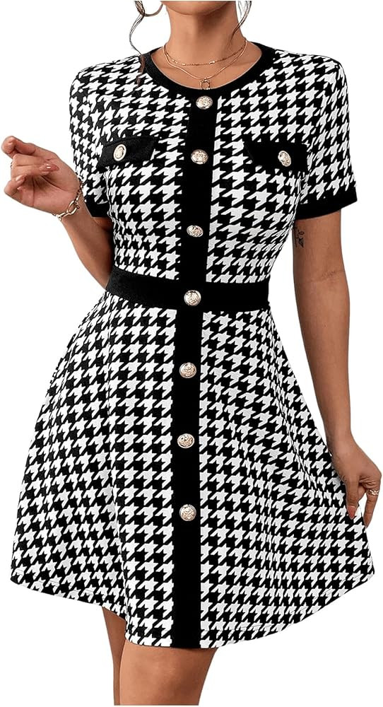 Milumia Women's Houndstooth Print Round Neck Short Sleeve Button Short Dresses | Amazon (US)