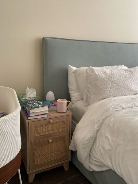 Current beside table | charging nightstand, white comforter, Snoo bassinet, anthropologie mugs, bedroom decor, cozy bedroom | bedding 