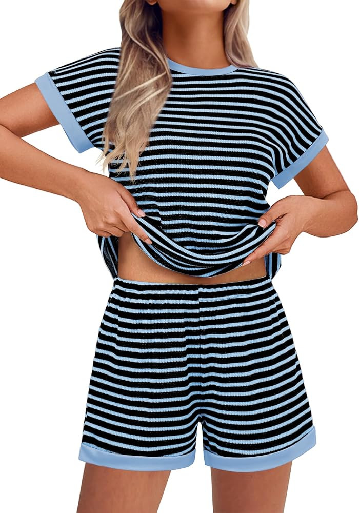 EKOUAER 2 Piece Sets for Women Summer Outfits Cute Stripe Knit T Shirts Shorts Matching Lounge Se... | Amazon (US)