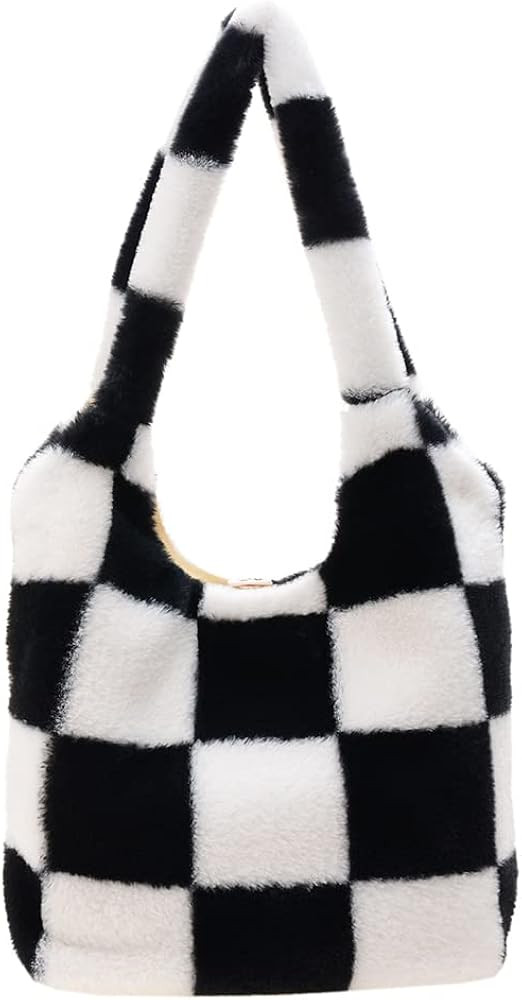 Fluffy Tote Bag Furry Shoulder Bag for Women Black and White Checkered Bag Large Plush Bag Fluffy Pu | Amazon (US)
