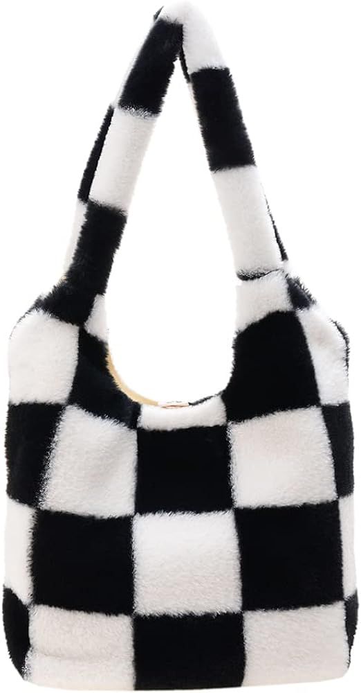 Fluffy Tote Bag Furry Shoulder Bag for Women Black and White Checkered Bag Large Plush Bag Fluffy Pu | Amazon (US)