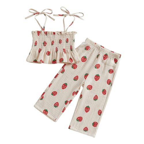 baorji Toddler Baby Girl Strawberry Outfit Cotton Linen Sleeveless Ruffle Crop Tops Pants Set 2Pcs Cute Summer Clothes (Beige, 6-12 Months) | Amazon (US)