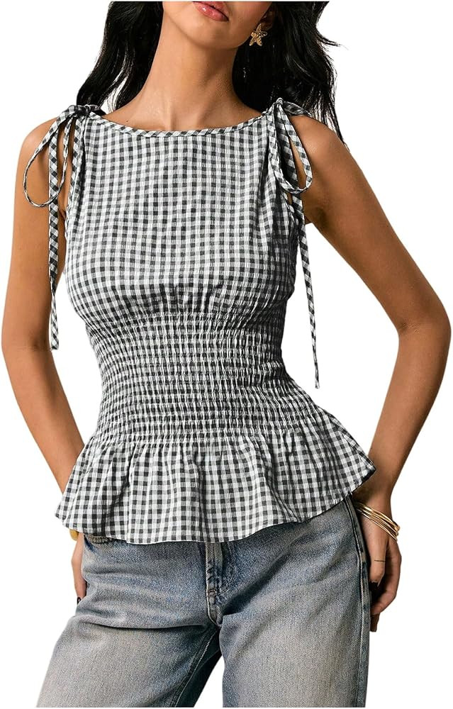 Floerns Women's Gingham Peplum Tie Shoulder Sleeveless Elegant Tank Tops | Amazon (US)