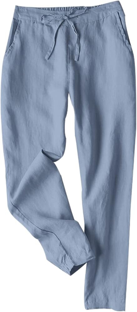 Tanming Linen Pants for Women Summer Casual High Waisted Drawstring White Beach Pant | Amazon (US)
