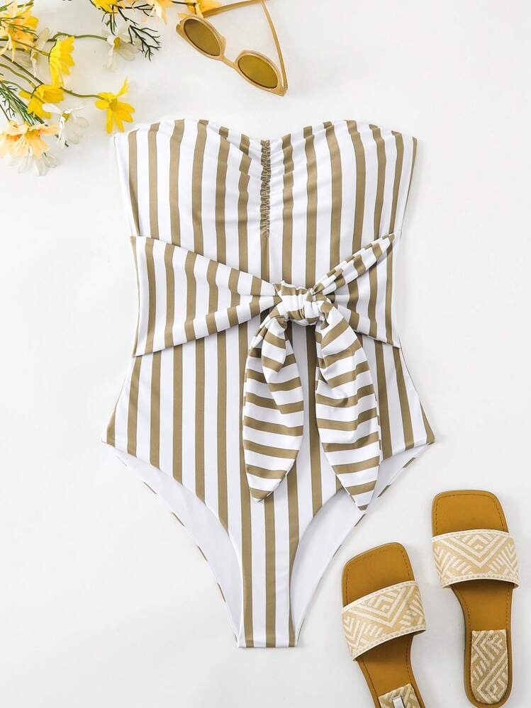 SHEIN Swim Low-Cut Stripe And Floral Print Vacation Style One-Piece Swimsuit (Detachable Knot Tie... | SHEIN