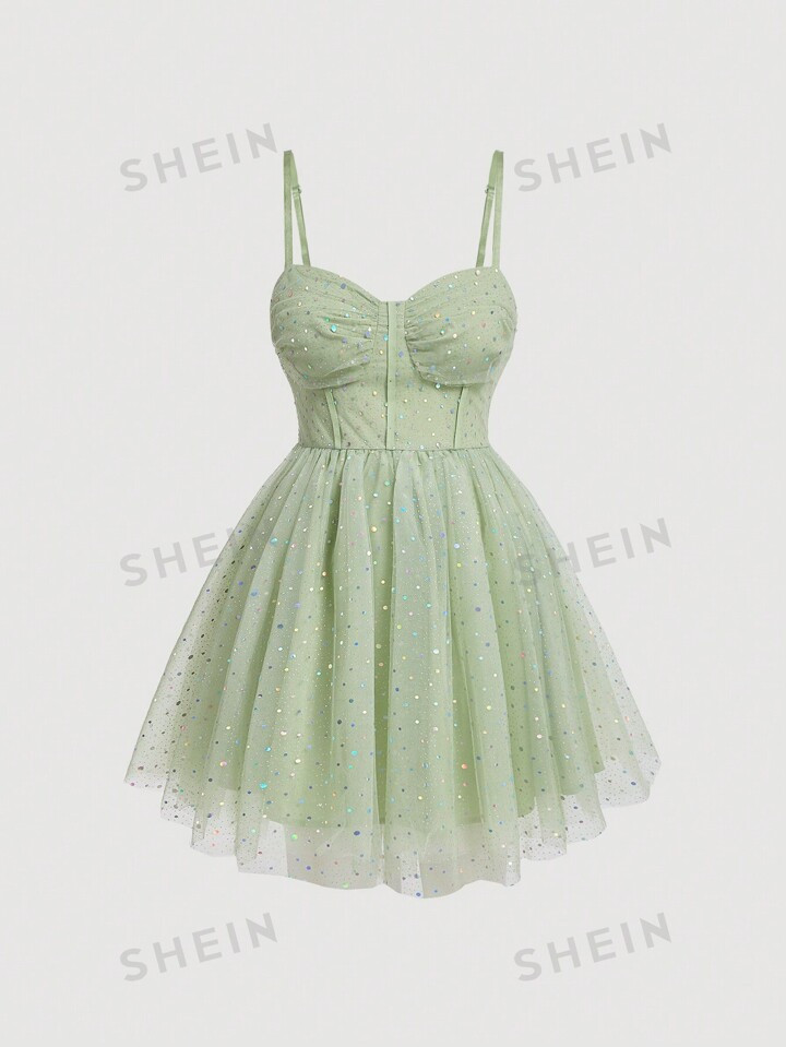 SHEIN MOD Women's Plus Size Patchwork Mesh Sequin Corset Cami Date Night Dress | SHEIN