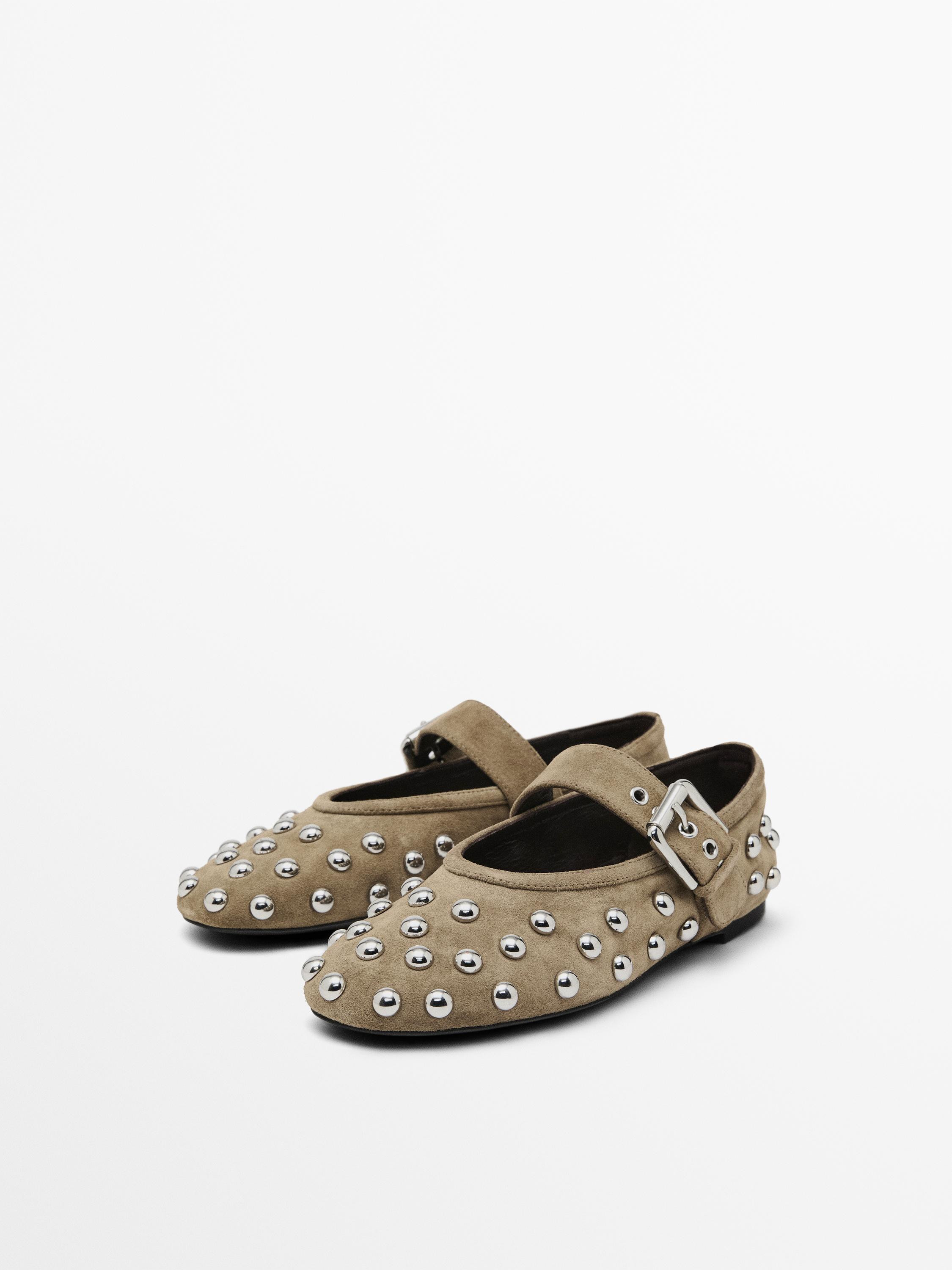 Studded split leather ballet flats | Massimo Dutti UK