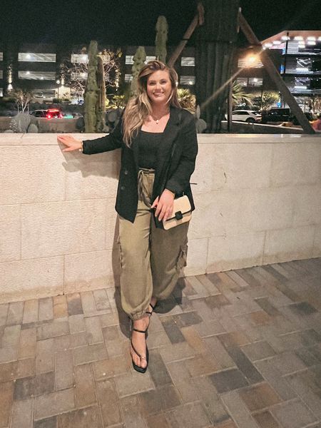 Cargo pants run tts (linked similar option)
Bodysuit runs tts
Sandals run tts
Blazer (linked similar) 


#LTKmidsize #LTKfindsunder50 #LTKstyletip