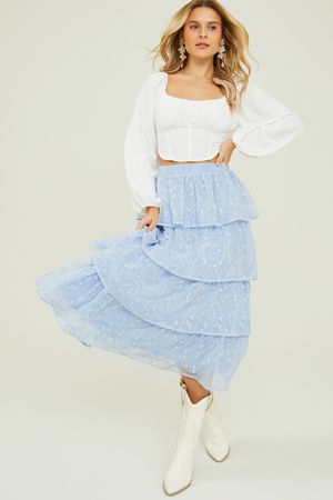 Giavanna Embroidered Maxi Skirt in Blue | Altar'd State | Altar'd State