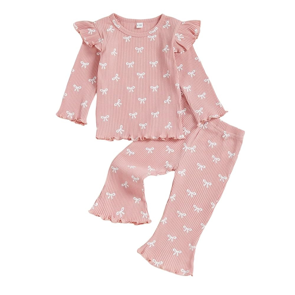 JCOPLY Toddler Baby Girl Outfit Kids Autumn Clothes Bow Print Long Sleeve Crew Neck Ribbed Knit S... | Amazon (UK)