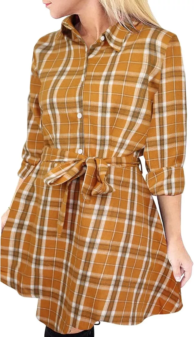 Women Plaid Checkered Roll Up Long Sleeve Tops Casual Midi Shirt Dress –  Fancyinn