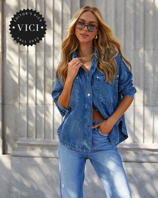Boardwalk Cotton Blend Vintage Button Down Top - Medium Wash | VICI