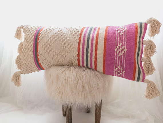 Boho Cream and Pink Lumbar Throw Pillow Cover Textured Lumbar - Etsy | Etsy (US)