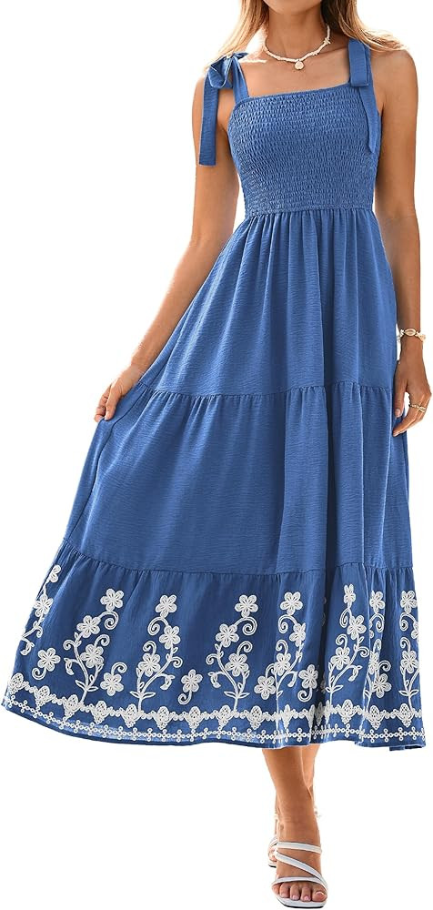 BerryGo Women's Summer Boho Maxi Dress Smocked Spaghetti Strap Embroidery Casual Beach Vacation S... | Amazon (US)