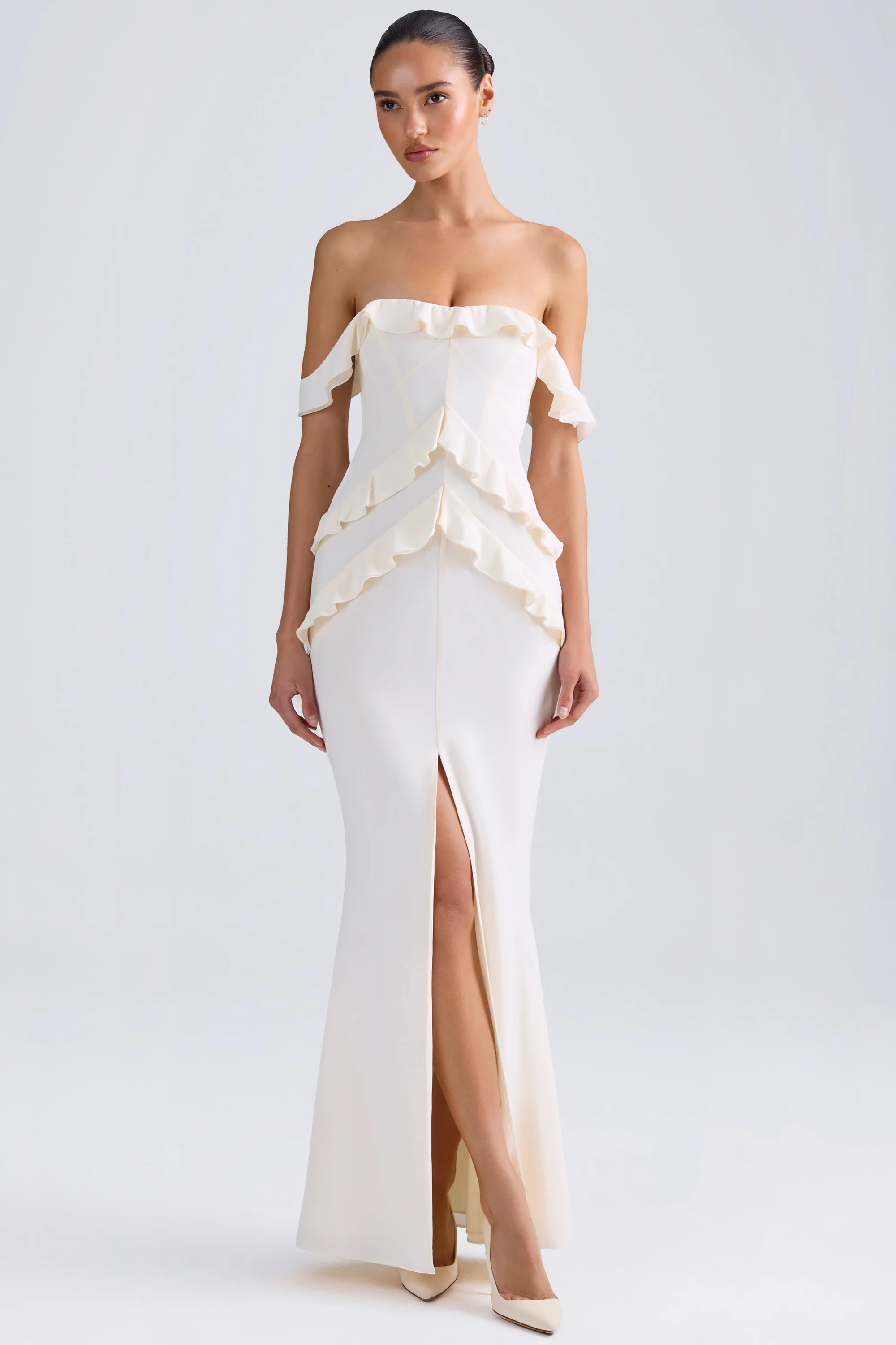 Off-Shoulder Ruffle-Trim Gown in Ivory | Oh Polly