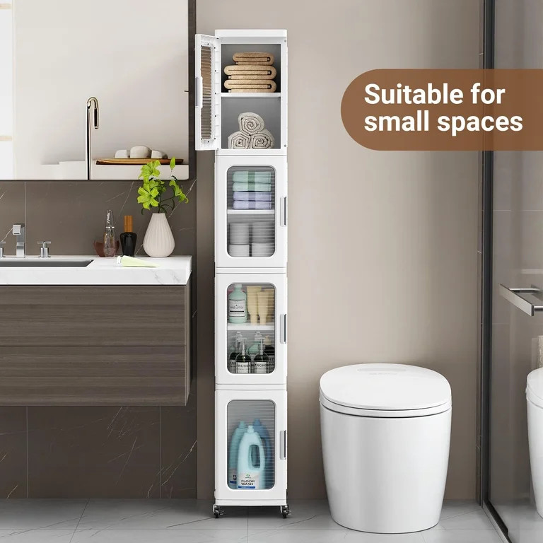 BROVIEW 4-Tier Tall Narrow Storage Cabinet Organizer, Slim Bathroom Cabinets with Doors and Shelv... | Walmart (US)