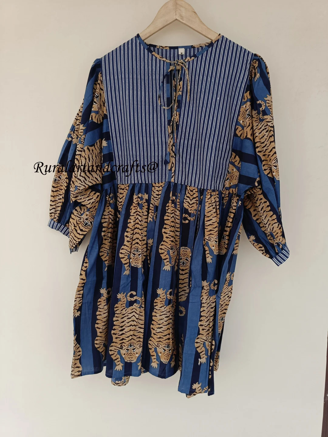 Blue Striped Tiger Print Cotton Dress, Deep Neck Midi Dress - Etsy | Etsy (US)