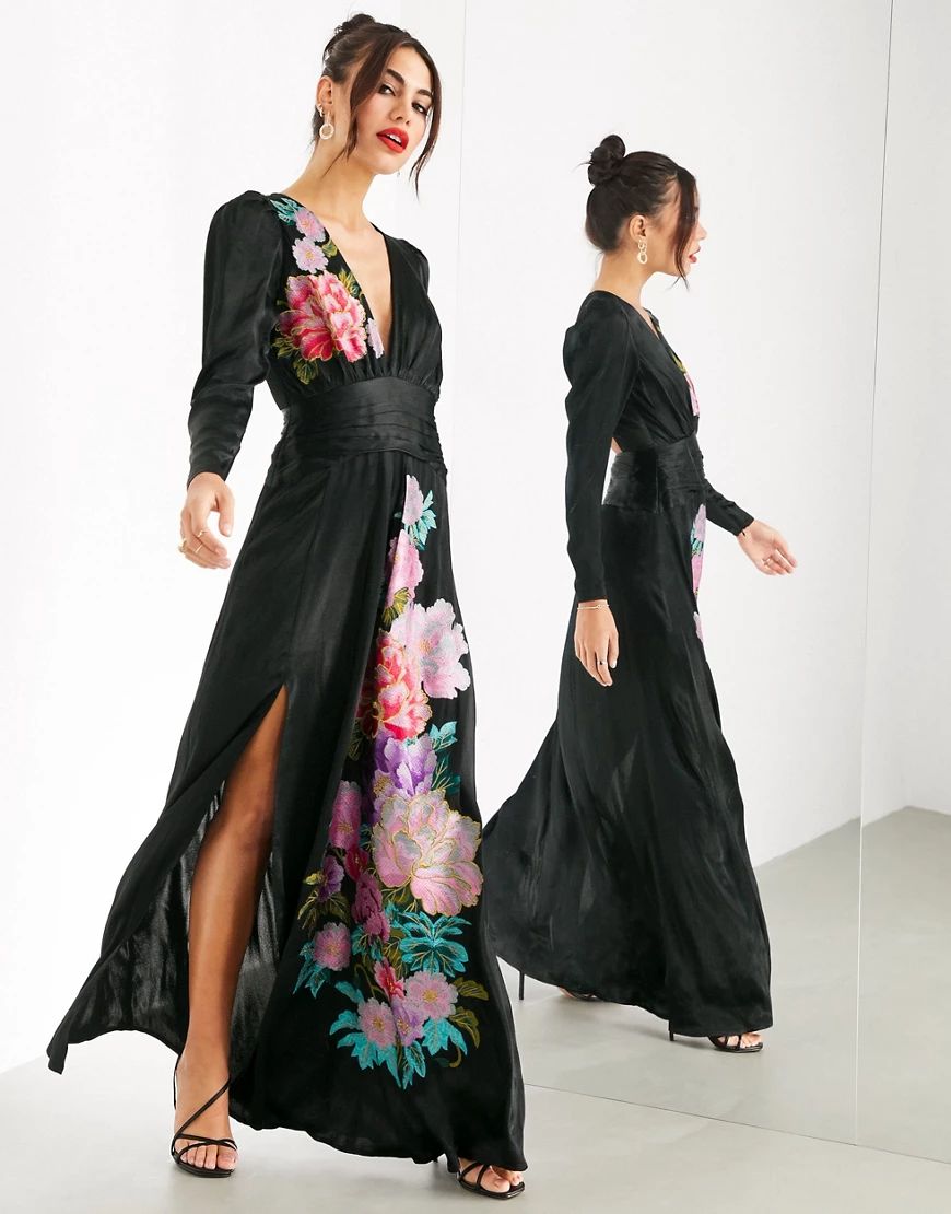 ASOS EDITION cut out maxi dress with placement embroidery-Black | ASOS (Global)