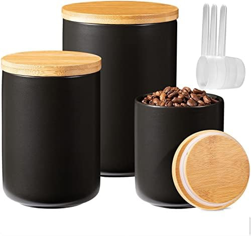 Nat & Jules Lidded Black 6 inch Ceramic and Wood Kitchen Canisters Set of 3 | Amazon (US)