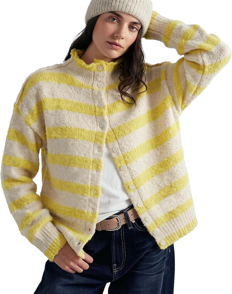 Womens Striped Cardigan Casual Long Sleeve Stand Collar Button Down Sweater Tops Lightweight Fall... | Amazon (US)