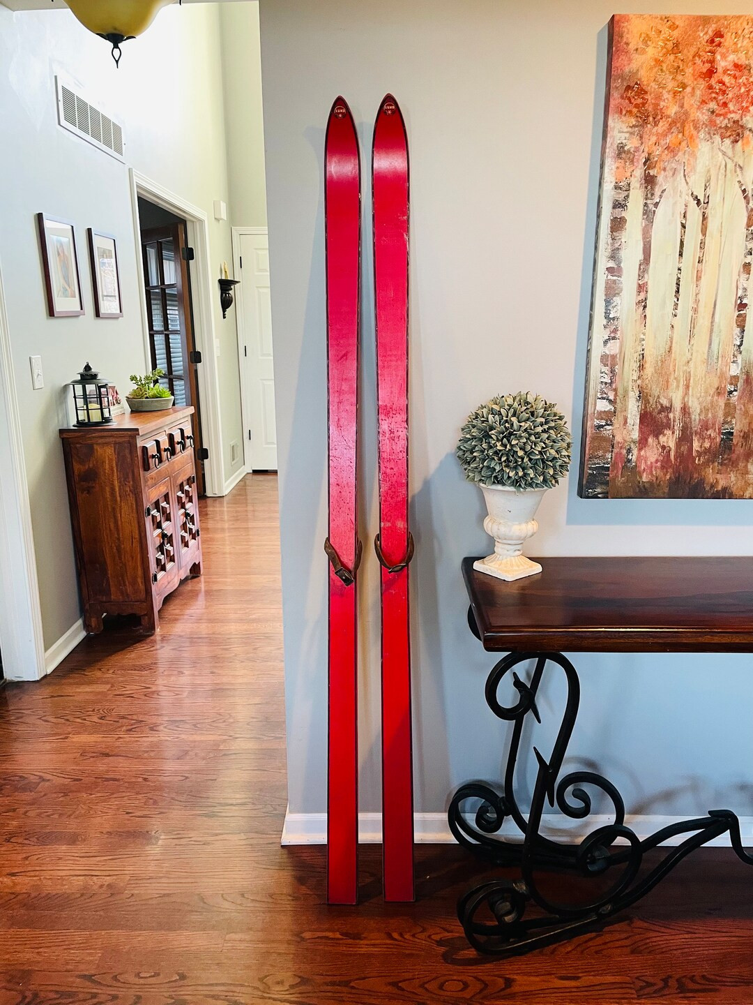 Vintage Wooden Lund Skis With Leather Straps. 70.5 Length. Incredible Red Color Made Sometime in ... | Etsy (US)