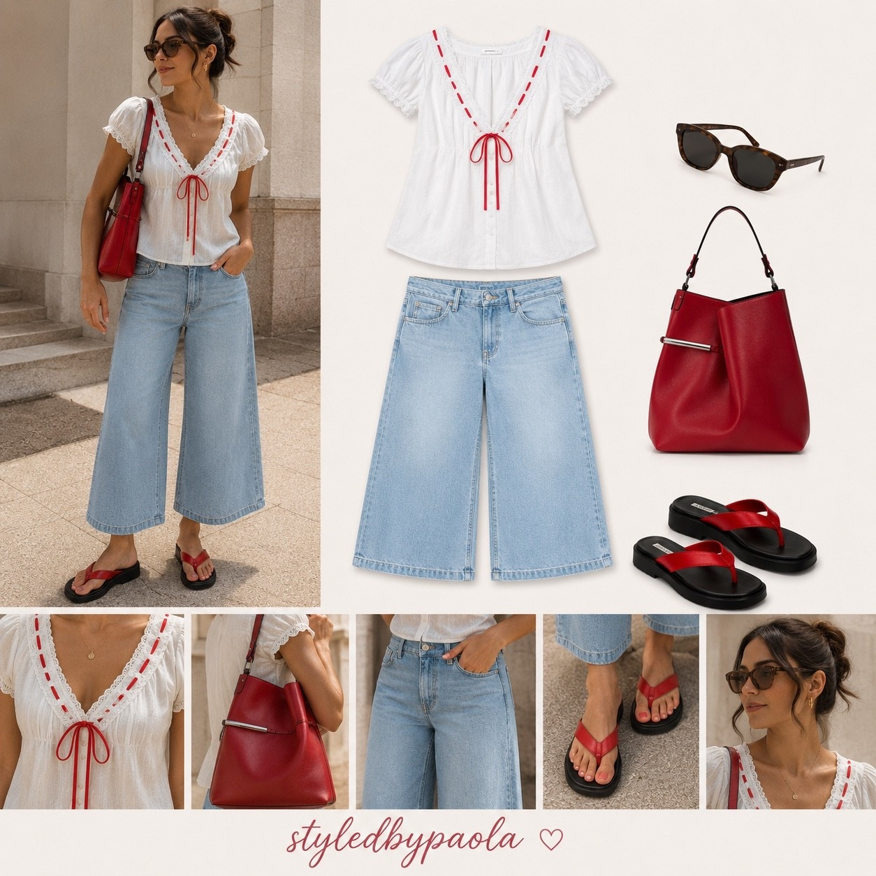A little red goes a long way ❤️ Loving this feminine blouse paired with dreamy denim culottes and the perfect statement accessories. Follow @styledbypaola for more elevated everyday outfit inspiration. ✨