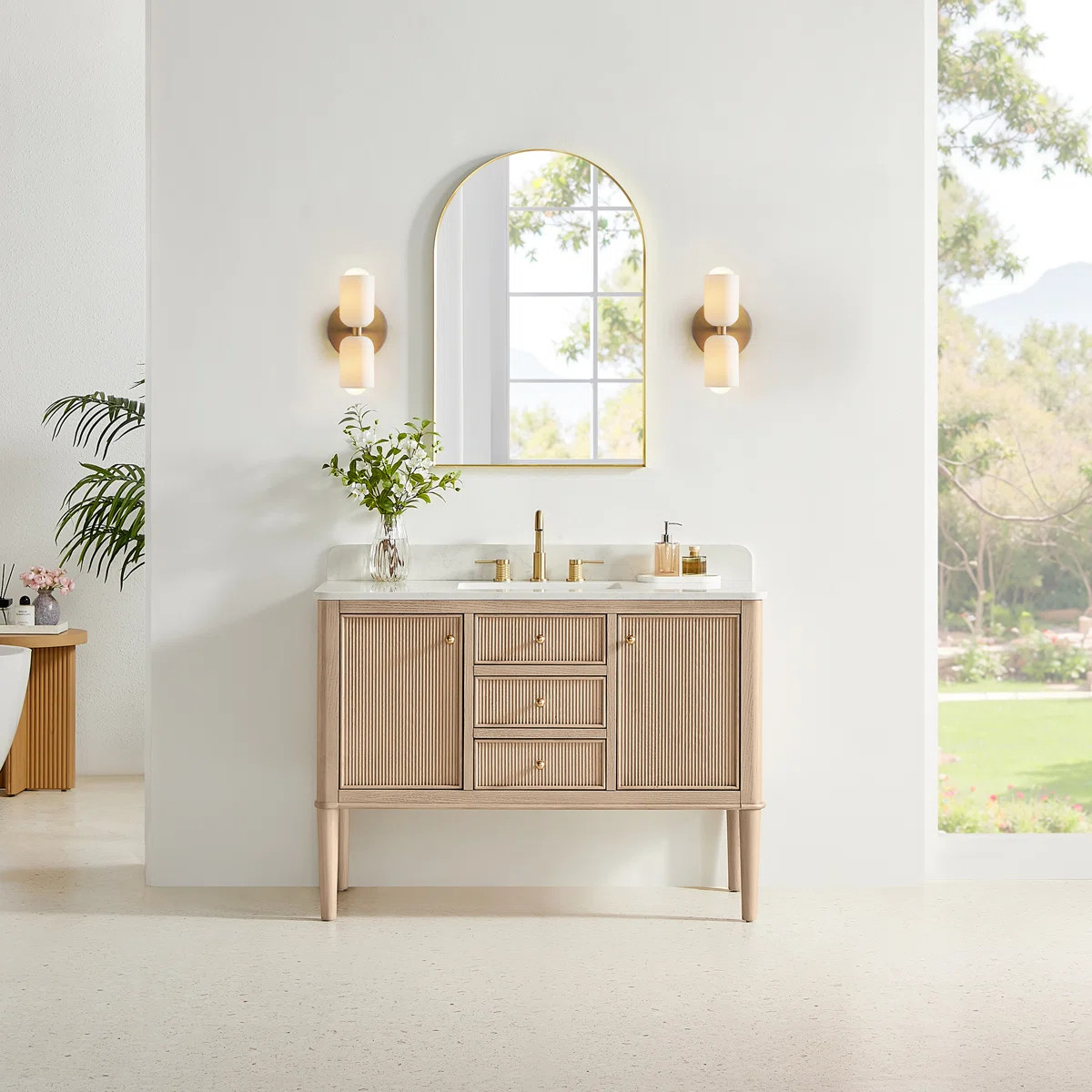 Blaise 48" Single Freestanding/Floating Bathroom Vanity in Light Oak with Grain White Engineered ... | Wayfair North America