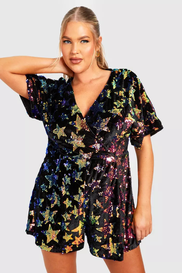 Plus Velvet Sequin Wrap Romper | boohoo (US & Canada)