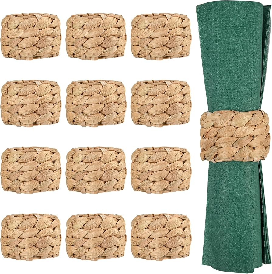 12 Pcs Boho Rattan Woven Napkin Rings, Farmhouse Water Hyacinth Wooden Rustic Napkin Rings Holder... | Amazon (US)