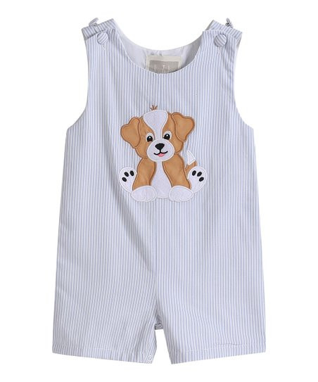 Lil Cactus Blue Puppy Appliqué Seersucker Shortalls - Infant | Zulily