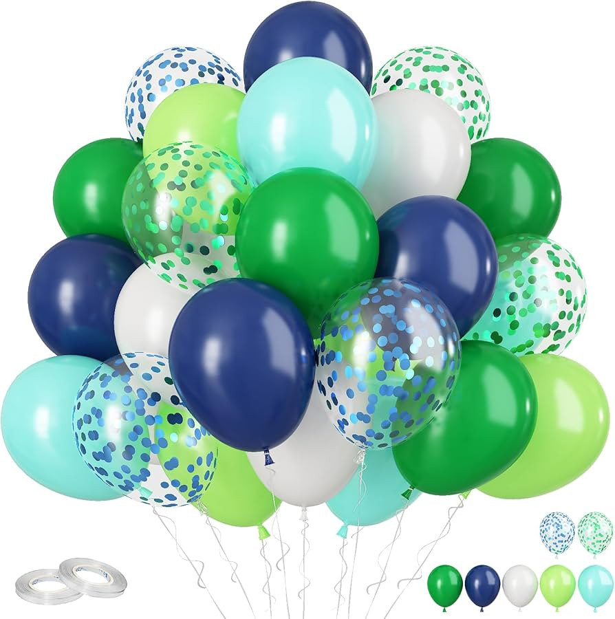 60Pcs Blue and Green Balloons, 12 Inch Navy Blue Fruit Green Confetti Balloons Teal Blue White La... | Amazon (US)