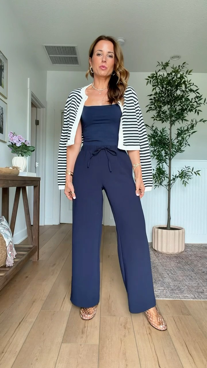 My summer outfit of the day! Elevated casual outfit. Mom outfit. Europe outfit. Business casual. Travel outfit. Aritzia wrinkle resistant wide leg pants in XS short. Aritzia striped cardigan in 2XS. Amazon cami in XS. Jelly ballet flats are whole sizes only - I sized down to a 6 per reviews and am usually a 6.5.

#LTKootd #LTKgrwm #LTKTravel