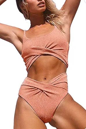 CHYRII Women's Glitter High Waisted Criss Cross Twisted Bikini Sets Two Piece Swimsuit | Amazon (US)