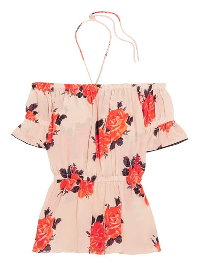 GANNI - Off-the-shoulder Floral-print Silk Crepe De Chine Top - Pastel pink | NET-A-PORTER (UK & EU)