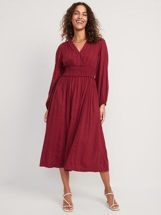 Waist-Defined Puff-Sleeve Smocked Midi Dress for Women | Old Navy (US)
