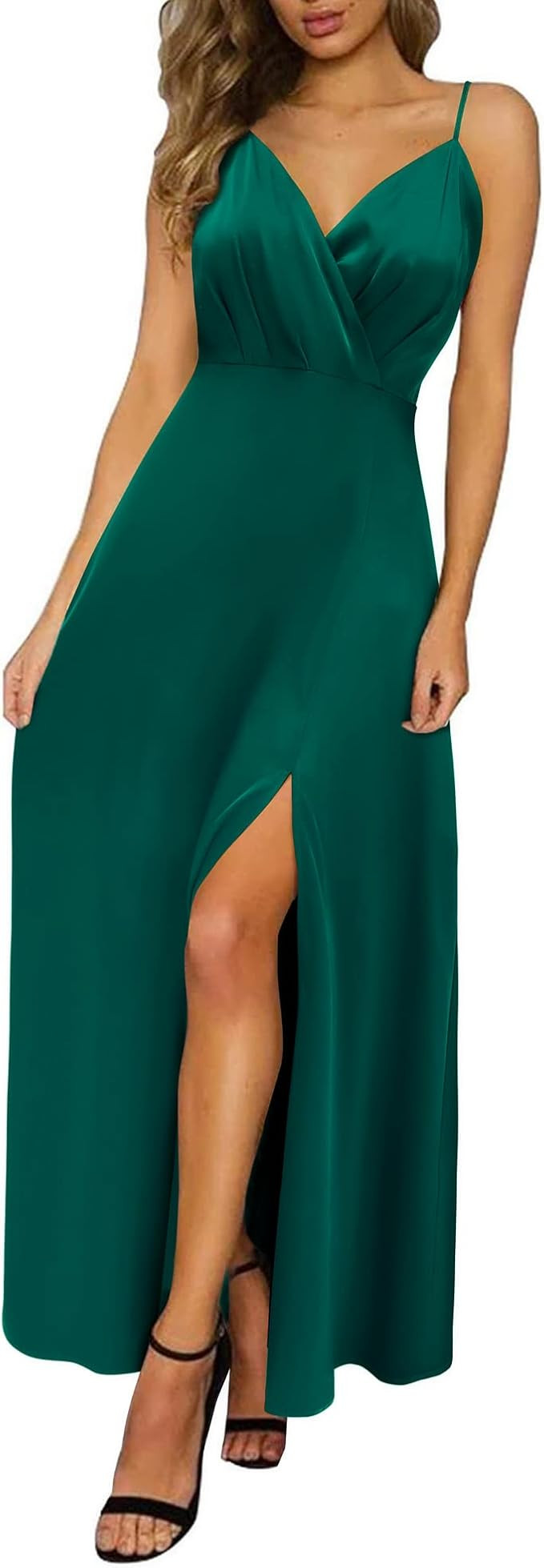 Newshows Women's 2023 Summer V Neck Satin Dress Spaghetti Strap Sleeveless Long Slit Cocktail Wed... | Amazon (US)