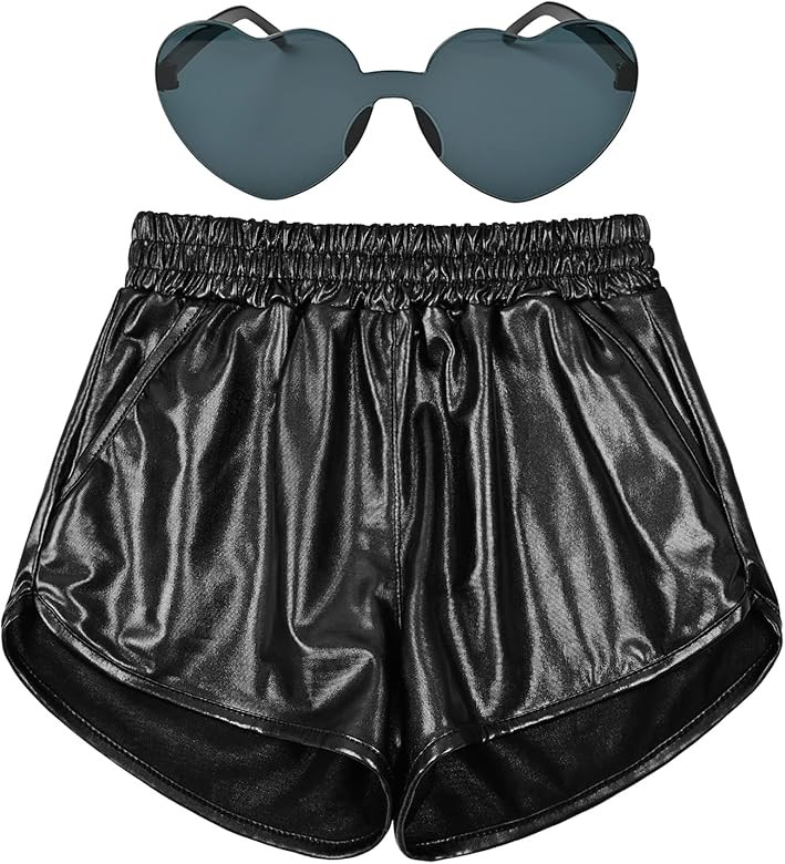 Mirawise Girls Metallic Shorts Shiny Hot Pants Sparkly Dance Outfits Short Pants with Sunglasses | Amazon (US)