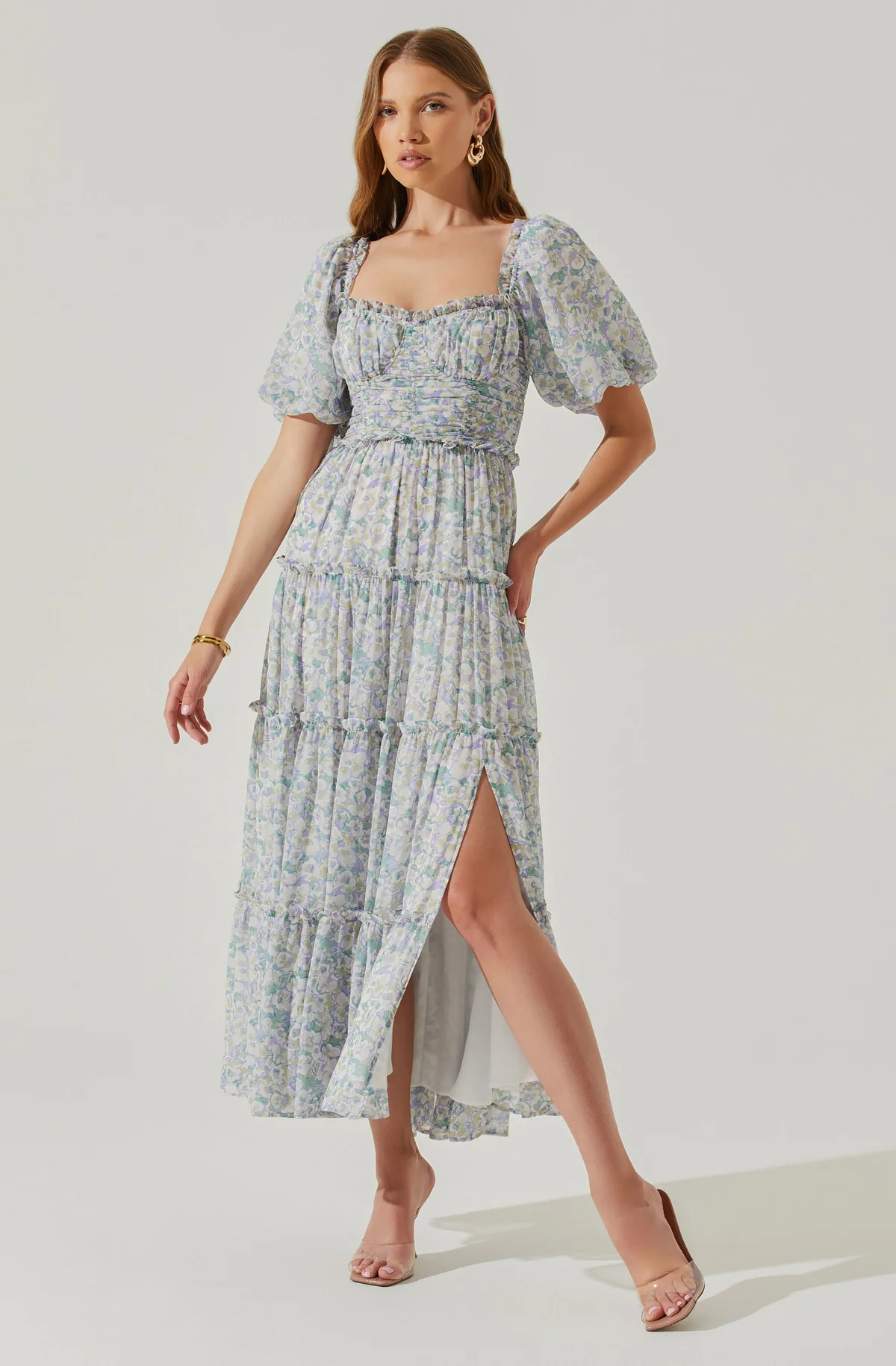 Prina Floral Puff Sleeve Tiered Midi Dress | ASTR The Label (US)