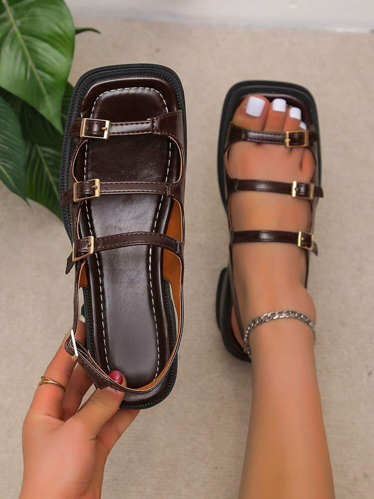 Women Buckle Decor Wedge Sandals, Artificial Leather Slingback Sandals Brown | SHEIN
