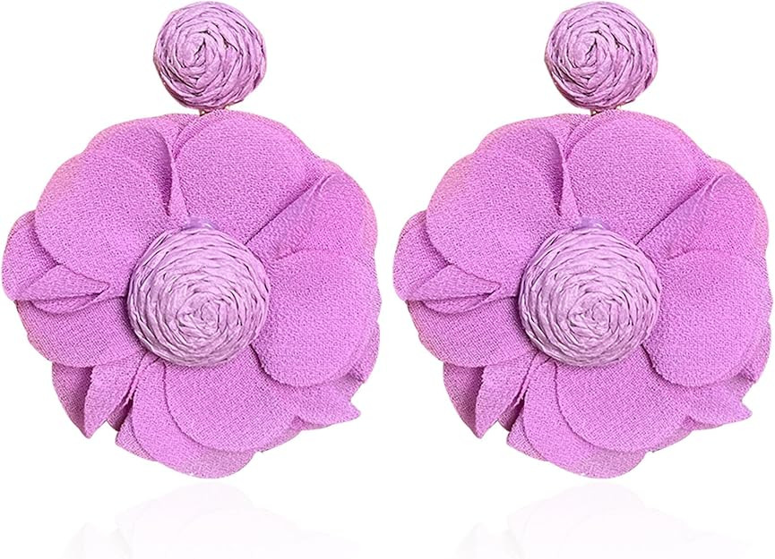 Rattan Earrings Summer Boho Handwoven Big Fabric Chiffon Rattan Flower Drop Earrings Statement Tr... | Amazon (US)