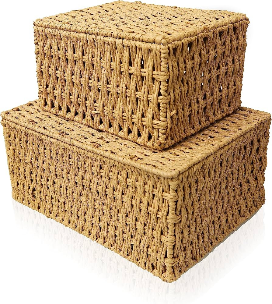 RoyalHouse Woven Stackable Storage Baskets with Lid, Decorative Rope Organizer Bin - Set of 2 (2 ... | Amazon (US)