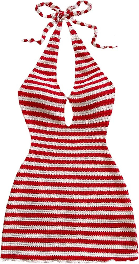 MakeMeChic Women's Striped Halter Mini Dress Tie Backless Bodycon Y2k Short Dresses | Amazon (US)