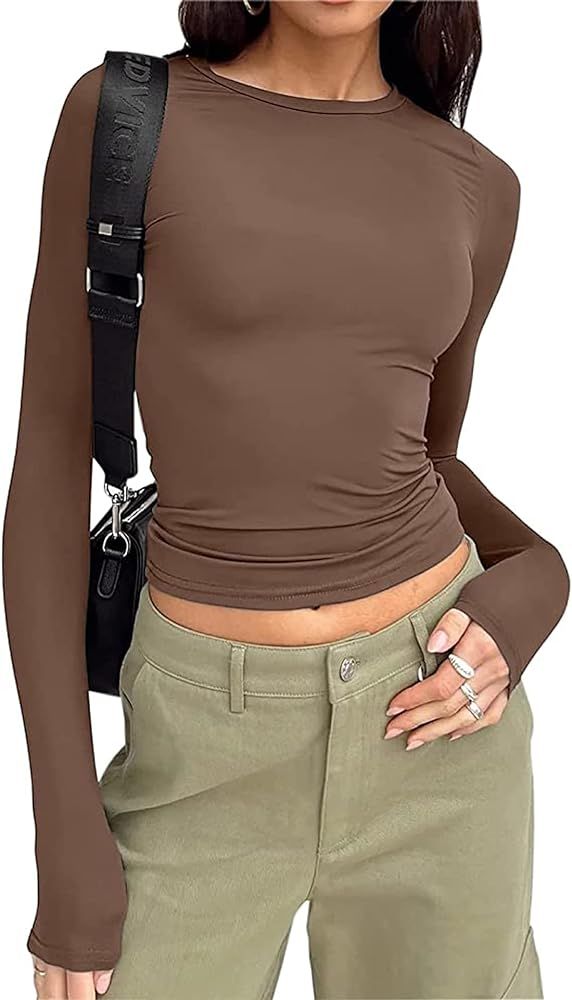 Women's Slim Fit Going Out Crop Tops Casual Solid Color Crew Neck Long Sleeve Tight Tee Shirt Bas... | Amazon (US)