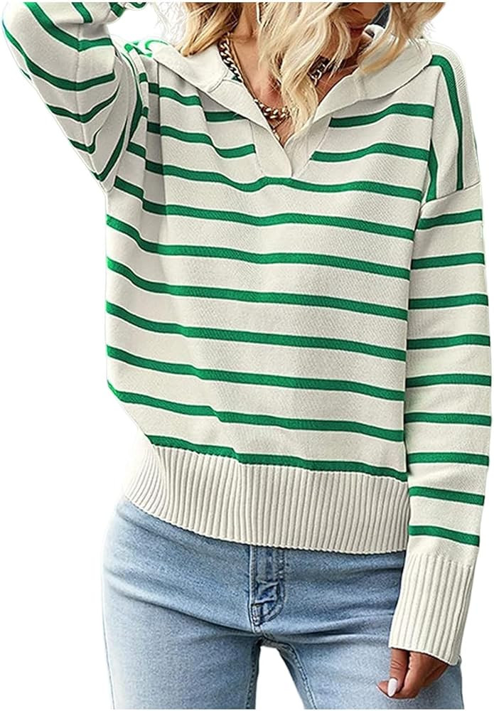 Women Striped Sweater Color Block Polo Long Sleeve Shirt Knitted V Neck Pullover Jumper Tops Fall... | Amazon (US)
