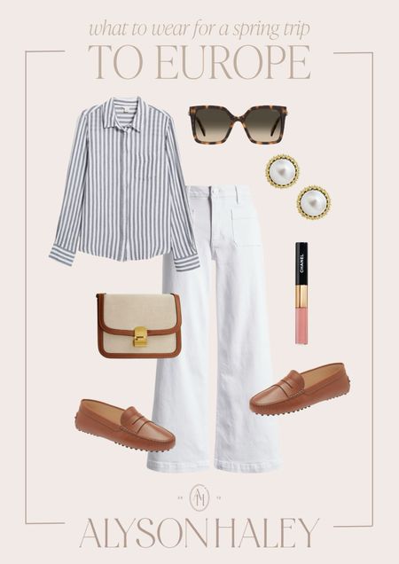Spring trip to Europe outfit idea. I love a wide leg white jean! Pair them with a classic button up and loafers for a chic spring look. 

#LTKstyletip #LTKSeasonal #LTKbeauty