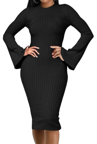 Women Bodycon Ribbed Sweater Dress Sexy Bell Long Sleeve Black Stretchy Pullover Dresses | Amazon (US)