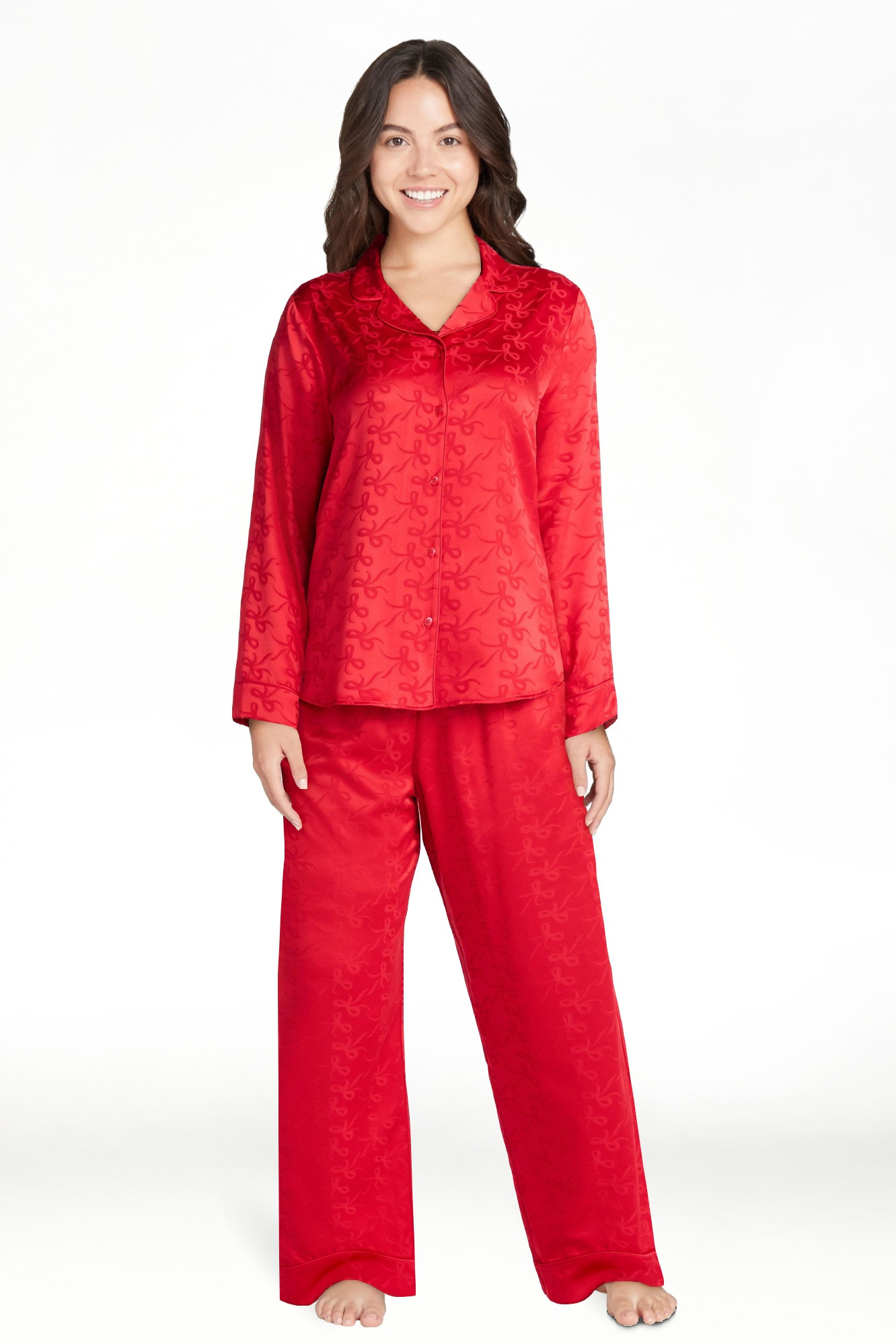 Joyspun Women’s Stretch Satin Notch Long Sleeve Top and Pants Pajama Set, 2-Piece, Sizes XS-3X | Walmart (US)