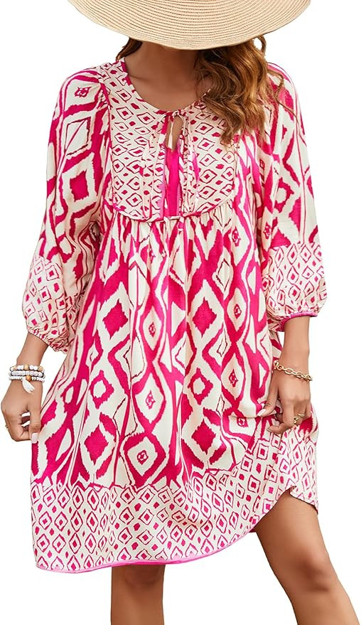 Qearal Womens Casual V Neck 3/4 Sleeve Boho Floral Printed Loose Short Mini Summer Beach Dress | Amazon (US)